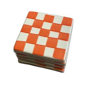 4 Hand-Painted Checker Gingham Ceramic Hand Tiles / Coasters – Orange & Cream